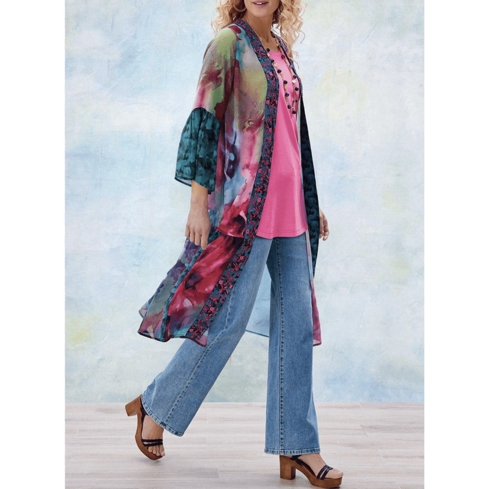 Soft Surroundings Floriana Topper‎ Kimono Sheer Watercolor Blue Floral PM Boho